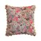 Hello Honey Velvet Printed Square Pillow with Kantha Stitch, Pom Poms & Chambray Back, Multicolor